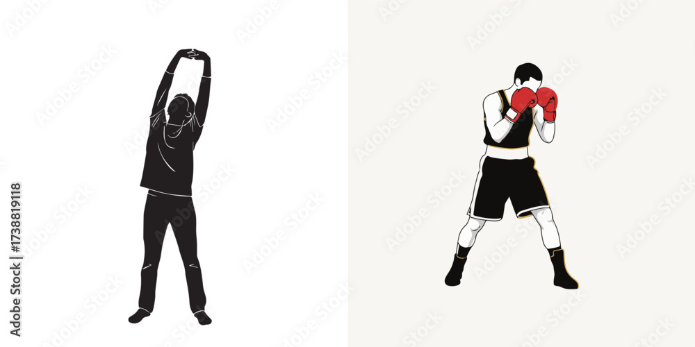 Fototapeta premium Vector Illustrations of a Person Stretching and a Boxer in Stance