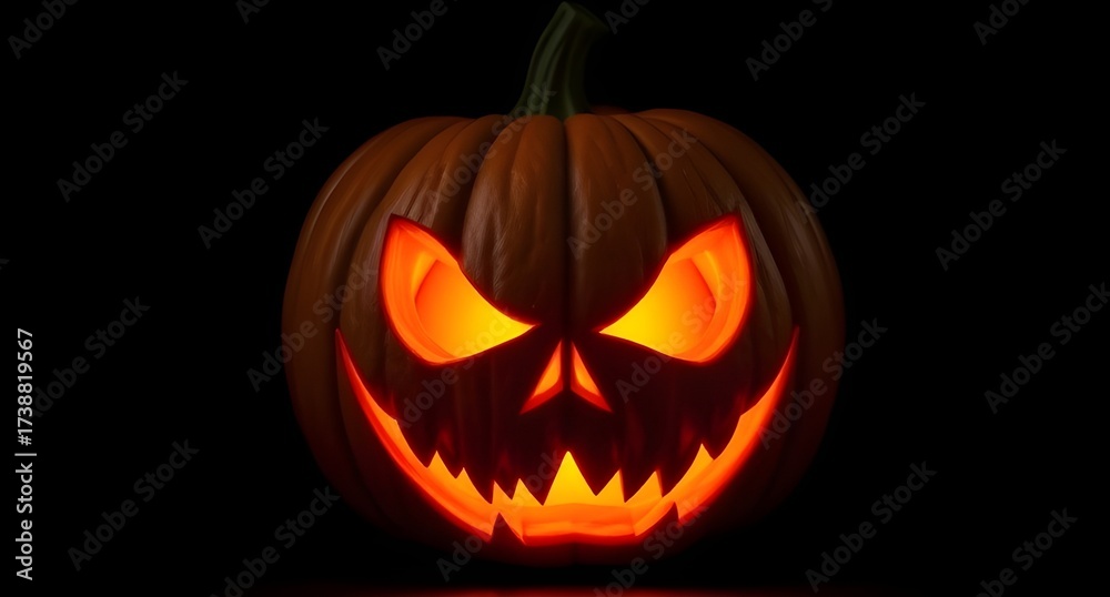 Fototapeta premium Isolated jack-o’-lantern with glowing scary face, high detail, dark background