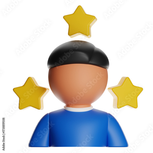 Stylized 3D Render of Person with Black Hair Gold Stars Above Head Wearing a Blue Shirt On Transparent Background