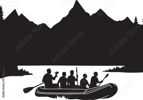 Five people in a raft paddling on water with mountains and trees