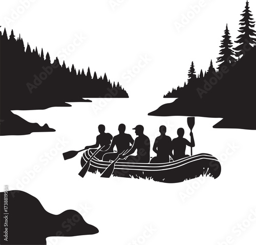 Five people in a raft paddling on water with trees