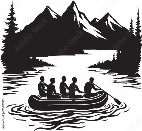 Five people in raft paddling on water with mountains and trees