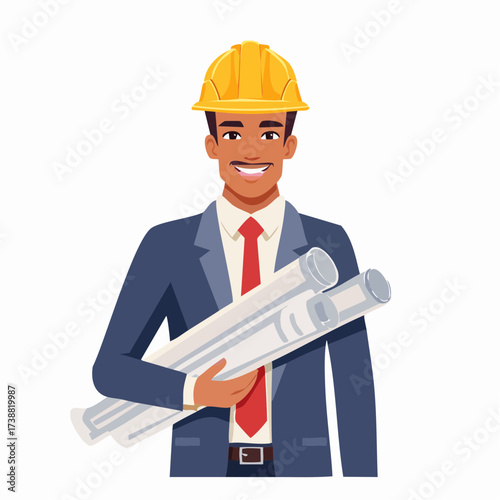 Smiling African American businessman in suit and yellow hardhat holding rolled up blueprints, modern cartoon style, construction industry concept