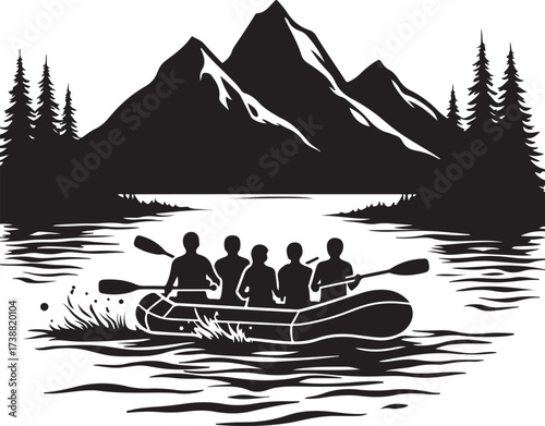 Five people in raft paddling on water with mountains and trees