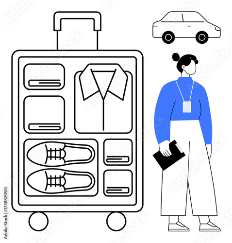 Open suitcase with neatly arranged clothes and shoes, woman ready for travel, compact car. Ideal for travel plans, organization, packing tips, business trips, vacation prep, minimalism simple flat