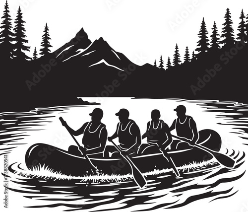 Four people in a canoe paddling on a lake with mountains and trees