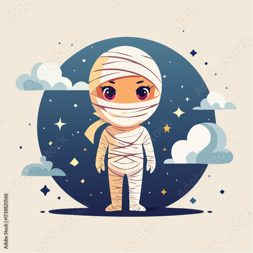 Cute cartoon mummy character standing in front of a starry night sky with clouds, wrapped in bandages, with big eyes, in a playful and whimsical artistic style, for Halloween or spooky theme