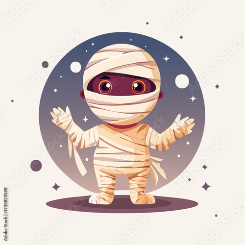 Cartoon mummy character with big eyes standing in front of a starry night sky in a playful, modern, digital art style for Halloween or spooky themed designs and kids' entertainment