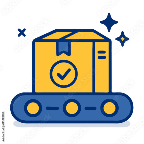 Automated logistic workflow for efficient package delivery, showing a verified parcel on a factory conveyor belt for supply chain management