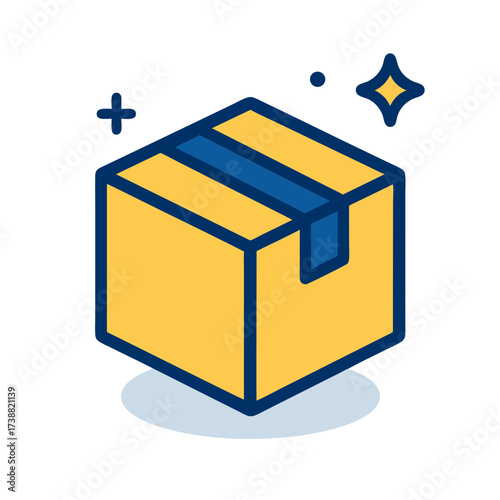 Conceptual icon of a yellow cardboard box with blue tape, symbolizing logistic and delivery services, perfect for e-commerce and shipping businesses
