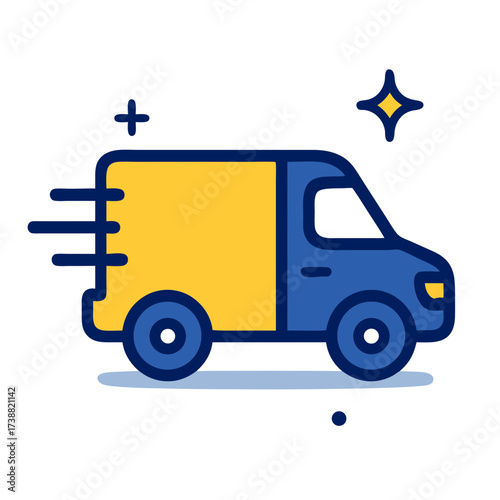 Efficient logistic delivery service concept featuring a fast moving blue and yellow truck illustration, symbolizing quick and reliable shipping solutions for modern businesses and e-commerce