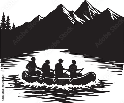 Four people in a raft on water with mountains and trees