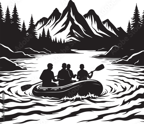 Four people in a raft paddling down a river with mountains