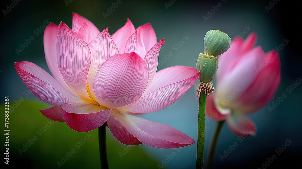 Fototapeta premium Close-up of Pink Lotus Flowers with Green Seed Pods, Symbolizing Purity and Spiritual Awakening
