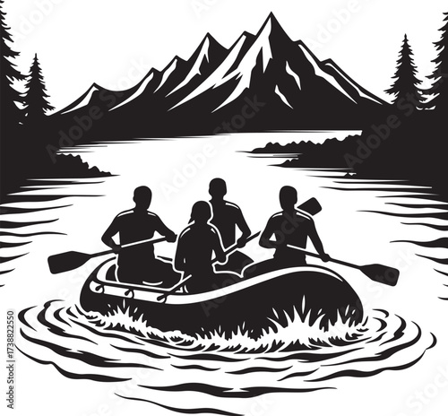 Four people in a raft paddling down a river with mountains