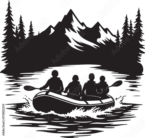 Four people in a raft paddling down a river with mountains and trees