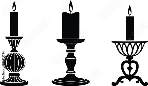 Candle holder silhouettes, lit candles, black vector illustration, ornate design, vintage decor, spiritual theme, festive graphic, holiday celebration art