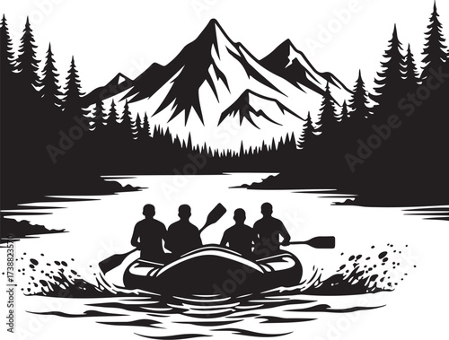 Four people in a raft paddling on a lake with mountains and trees