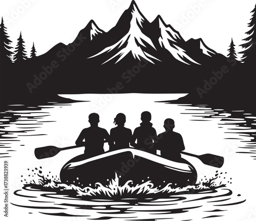 Four people in a raft paddling on a lake with mountains