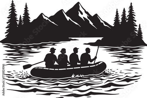 Four people in a raft paddling on a river with mountains and trees