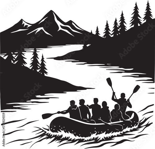 People in raft on river with mountains and trees water