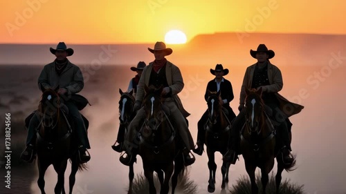 Five cowboys on horseback ride through dusty landscape at sunset The vibrant orange sun hangs low on the horizon illuminating the scene and hazy atmospheric glow