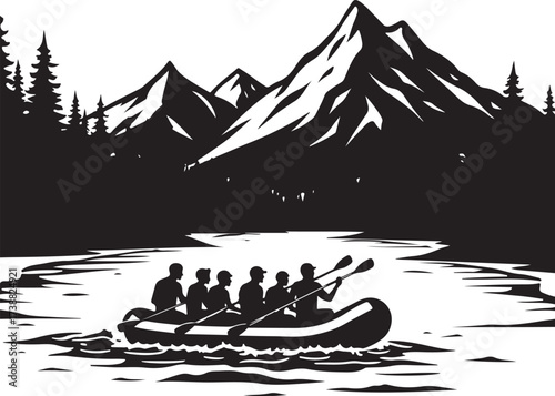 Silhouette of people rafting on a river with mountains and trees