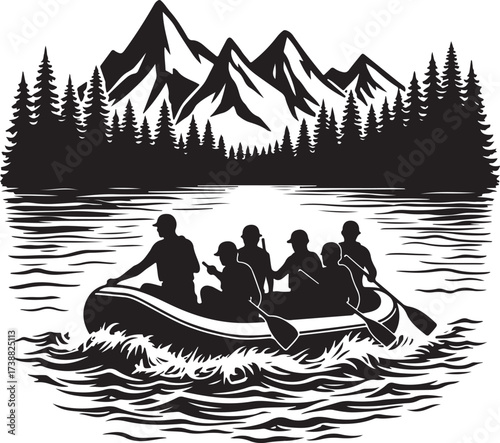 Silhouetted people in raft on water with mountain forest background