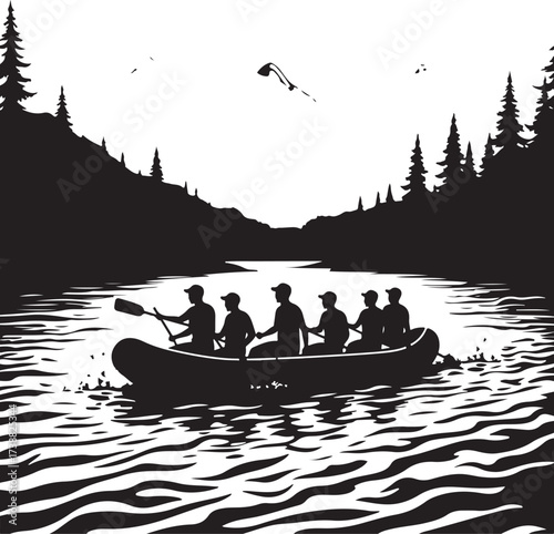Six people in a canoe paddling on a river with trees