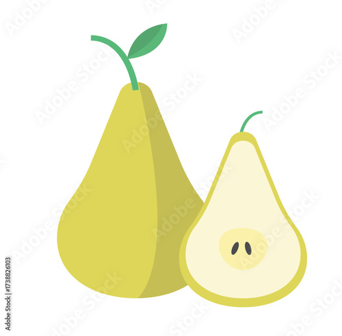 Flat illustration of a whole pear and a halved pear showing seeds