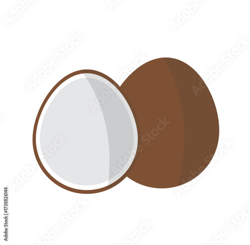 Stylized illustration of a whole coconut and a halved coconut with white flesh