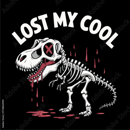 A cartoon depiction of a T-Rex skeleton, appearing distressed and losing blood, with text.