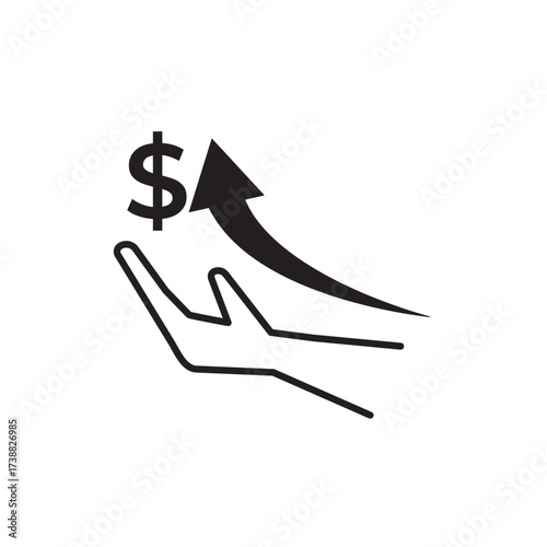 Editable stroke line icon of a hand with a dollar sign and upward arrow, symbolizing financial growth, money earning, or investment returns. Ideal for apps, websites, and infographics on finance.