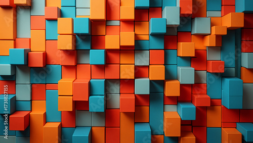 Vibrant, colorful geometric blocks create an abstract wall design in dynamic shades of orange, blue, and light gray. Generative AI.