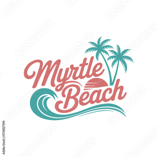 Myrtle Beach logo with stylized text, palm trees, wave and sun against a white background.