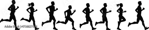 Silhouette of group running, men and women jogging together, fitness exercise, outdoor sport activity, healthy lifestyle, marathon training illustration design