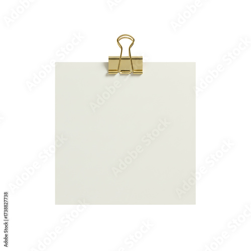 Golden clip holding a blank square note on an isolated transparent background offering design space
