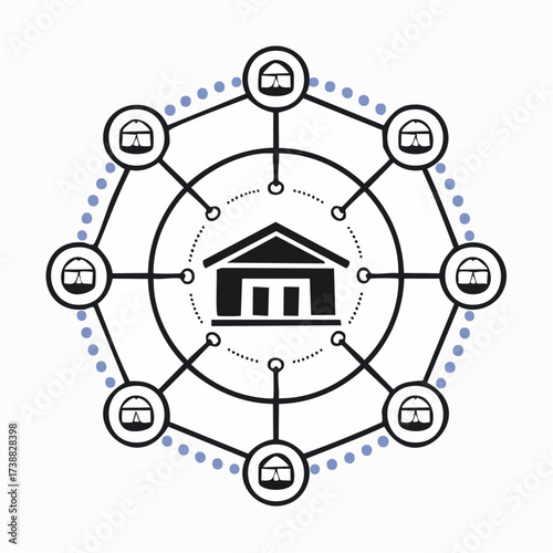 Secure Banking Network Illustration of a Bank Surrounded by Connected Icons Representing Digital Security and Data Protection