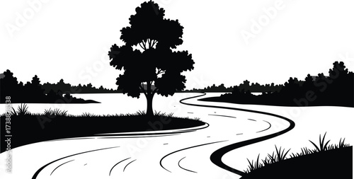 Beautiful countryside landscape illustration with winding road, tree silhouette, grassy field, black vector artwork, scenic nature background, eco outdoor graphic designBeautiful countryside 