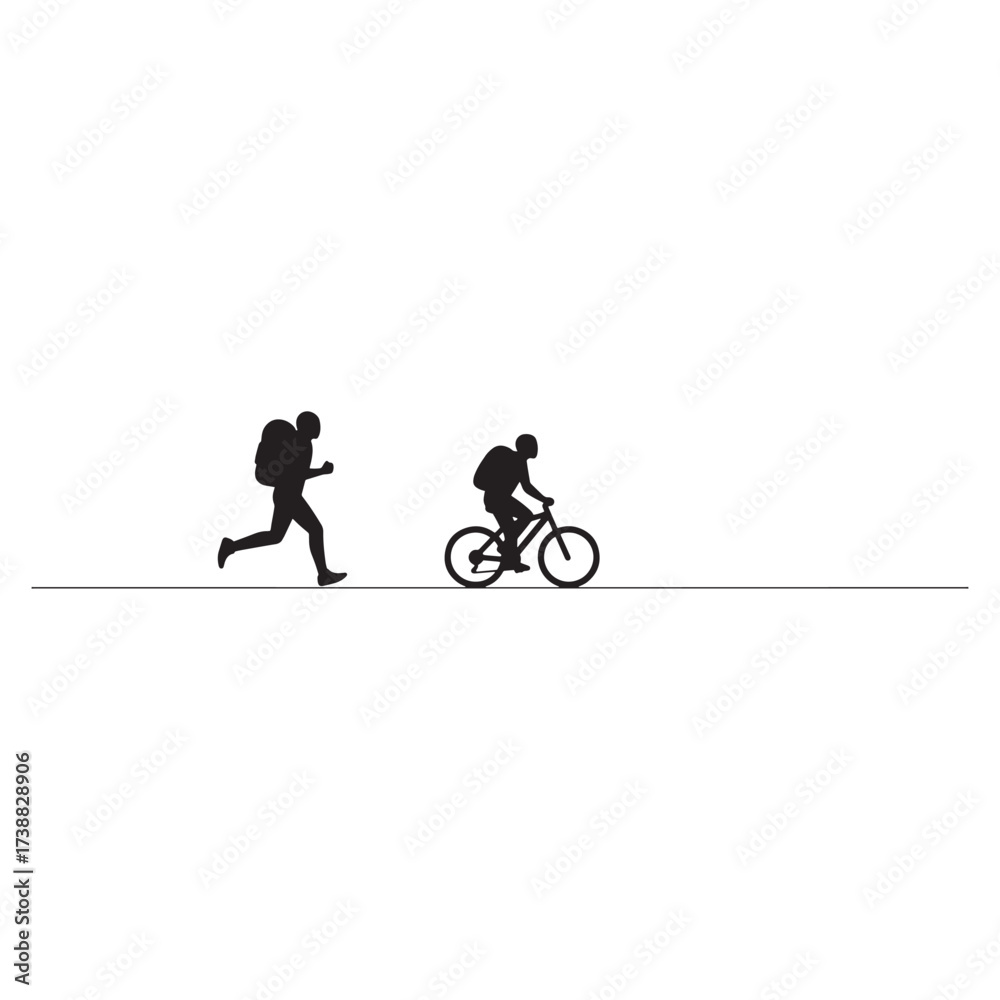 Fototapeta premium Runner and cyclist with backpacks on a line bicycle