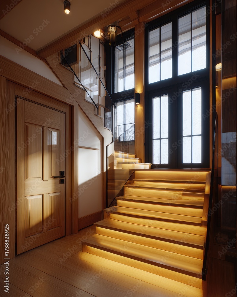 Obraz premium Interior stairway lit from beneath with wood accents, glass railing, and natural light