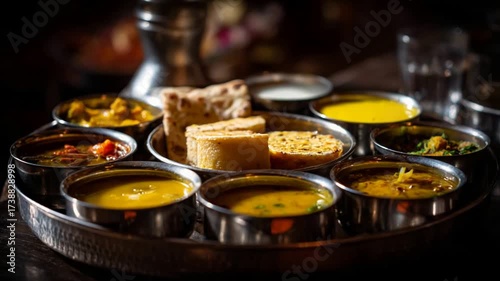 Delicious Indian Thali Meal Ready for Enjoyment with Various Curries and Breads.
