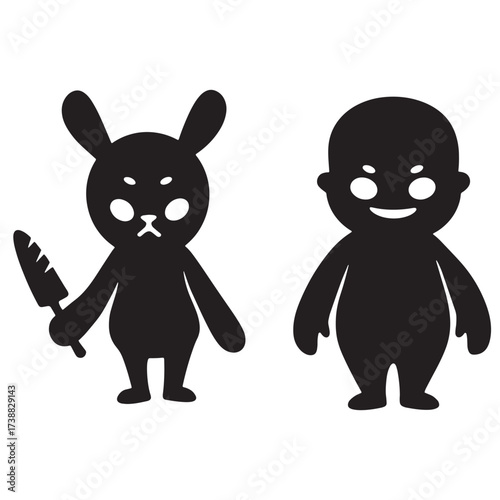 Silhouette of a bunny with a knife and a round figure
