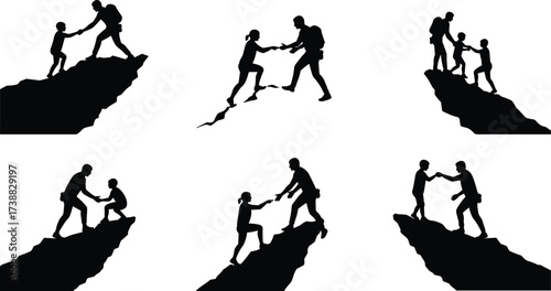 Silhouette of hikers helping each other climbing mountain, teamwork success, adventure support, outdoor challenge, friendship trust, hiking cooperation, exploration achievement illustration
