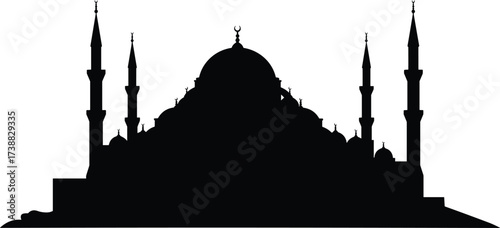 Beautiful Islamic mosque silhouette with tall minarets and central dome, religious architecture, Muslim worship place, Ramadan, Eid, spirituality, 