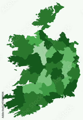 Map of Ireland with regions. Just a simple country border map with region division. Green color palette. Plain Ireland shape with administrative division. Vector illustration.