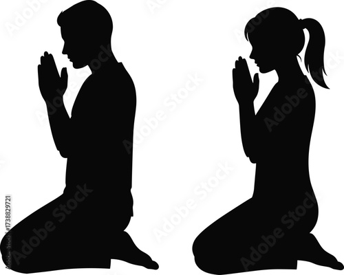 Silhouette of man and woman praying on knees, spirituality, religion, meditation, worship, faith, devotion, peace, mindfulness, cultural tradition.