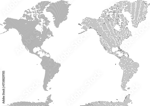 Realistic North America and South America round line shape and square map silhouette. Round line shape and square dotted shape map design of  north America and south America of world map.