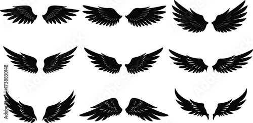 A vector illustration set of black eagle wings in silhouette, symbolizing freedom and flight