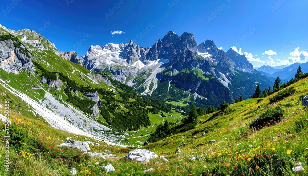 Fototapeta premium Panoramic Alpine Meadow with Vibrant Wildflowers and Snow Capped Mountain Peaks Under a Clear Blue Sky in Summer Daylight